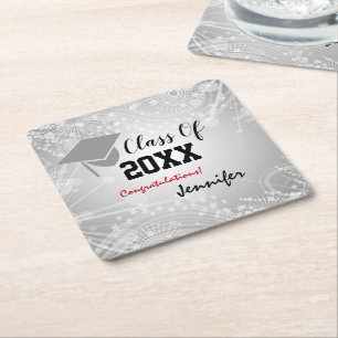 Graduation Cap, Class Year 20XX party Silver Vierkante Kartonnen Onderzetter