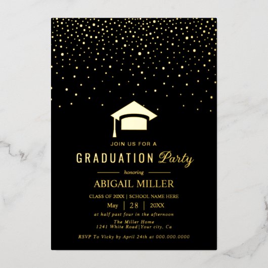 Graduation cap confetti Class Of 2025 black Folie Uitnodiging (Voorkant)