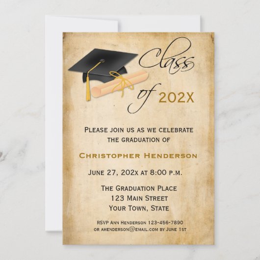 Graduation Cap, Diploma Parchment Look Invitation Kaart (Voorkant)