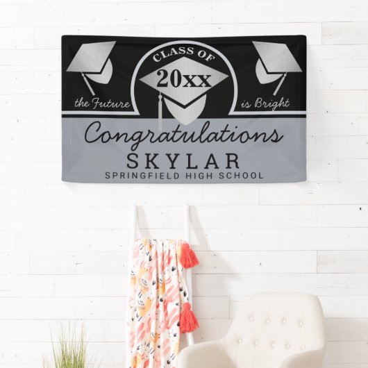 Graduation Cap Silver Fun Gefeliciteerd Spandoek (Insitu)