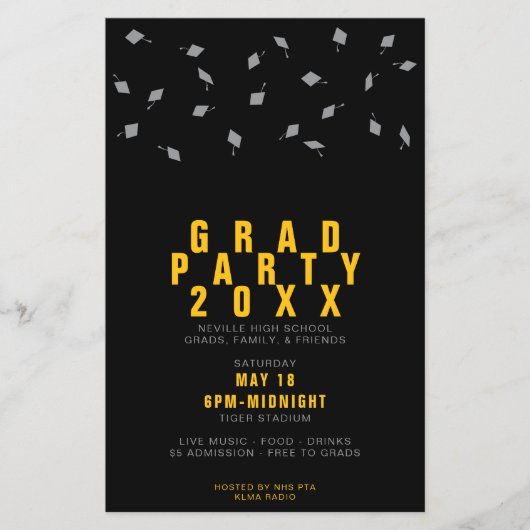 Graduation Cap Toss Silver & Gold Grad Party Flyer (Voorkant)