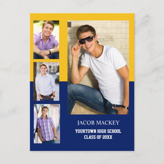 Graduation Faire-part 4 Photo Collage Blue Gold (Devant)