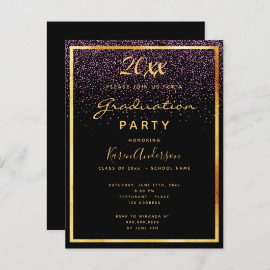 Graduation fête noire glam or invitation (Devant / Derrière)