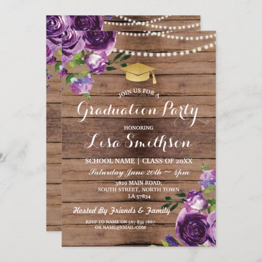 Graduation Fleurs violettes Lumière Invitation en (Devant / Derrière)