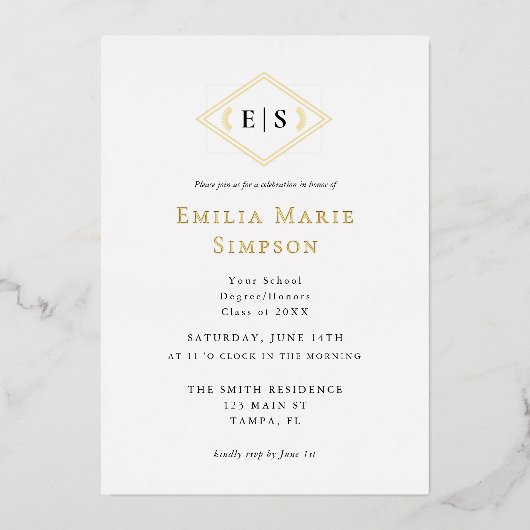 Graduation formelle de monogramme Foil Invitation (Recto)