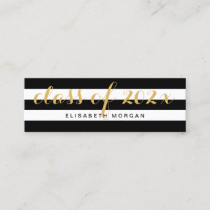 Graduation Gold Calligraphy Black White Stripes Contactkaartje