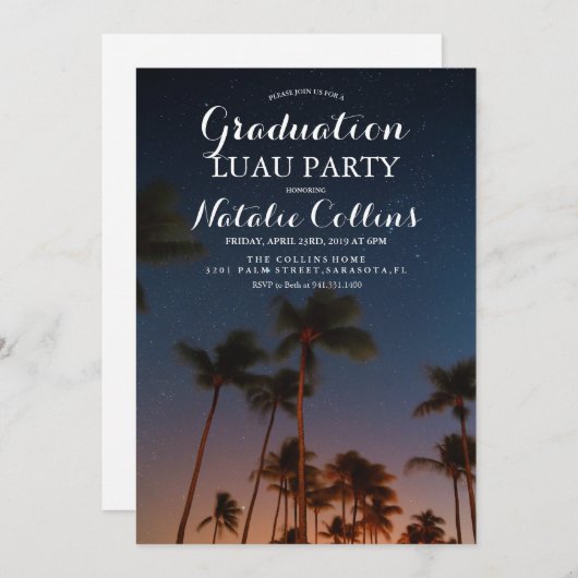 Graduation Luau Tropical Palm Tree Invitation (Devant / Derrière)