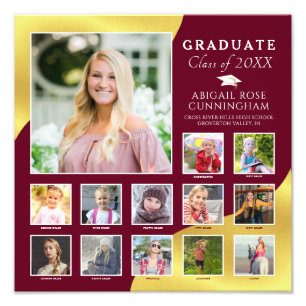 Graduation Maroon K-12 Photo Collage Métallic Gold