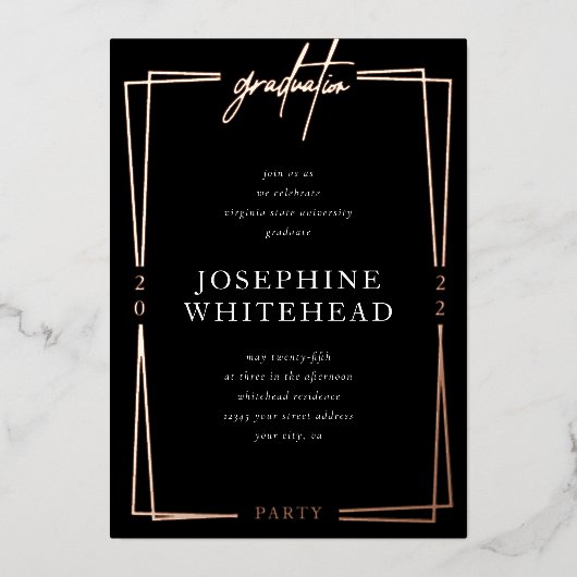 Graduation Moderne Parti Black Foil Invitation (Recto)