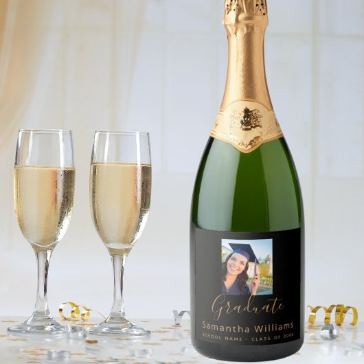 Graduation party 2023: foto zwart goud sparkling wijnetiket