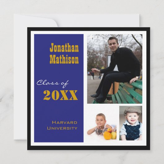 Graduation Party 3 Photo bleu Invitation (Devant)