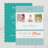 Graduation Party 3 Photos Aqua Stripes Invitation (Devant / Derrière)