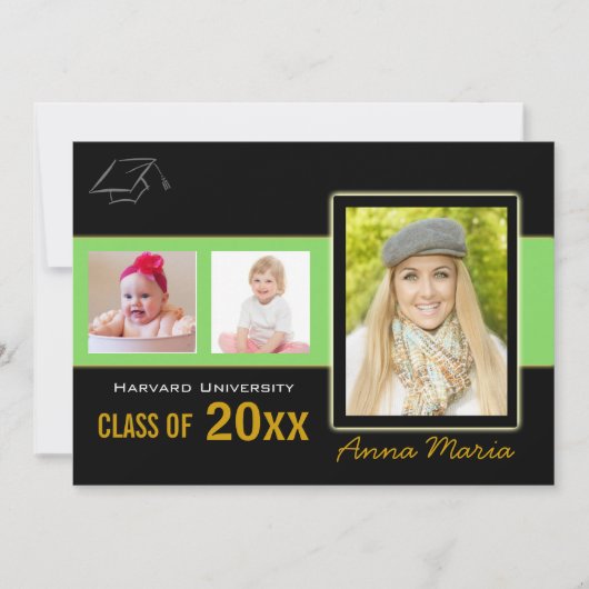 Graduation Party 3 Photos green Invitation (Devant)