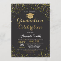 Graduation Party Black and Gold Glitter Invitation