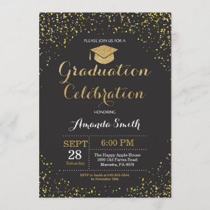 Graduation Party Black and Gold Glitter Invitation Kaart
