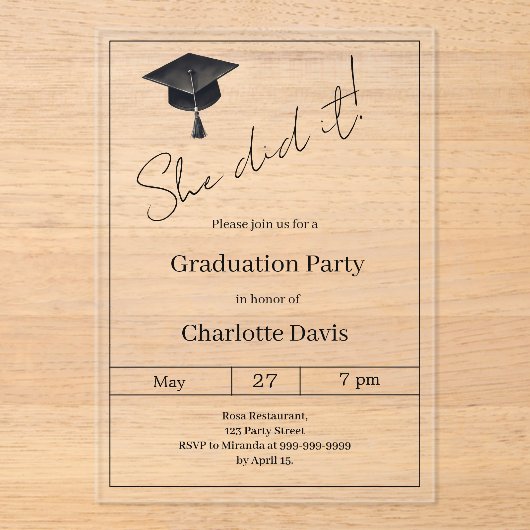 Graduation party black luxury  She did it clear Acryl Uitnodigingen (Voorkant)