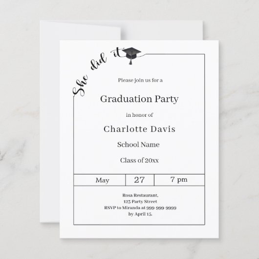 Graduation party black white She did it invitation (Voorkant)