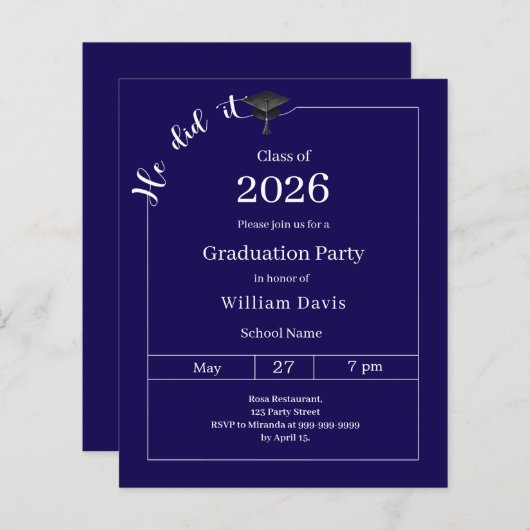 Graduation party blue white He did it invitation (Voorkant / Achterkant)
