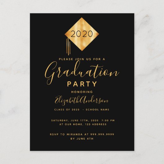 Graduation party casquette noir or 2025 invitation (Devant)