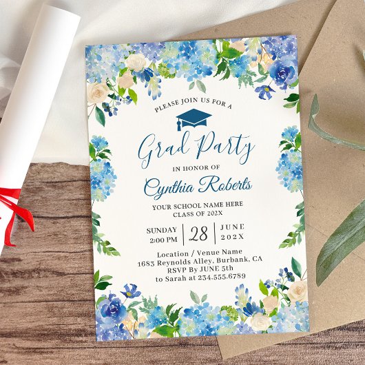 Graduation Party Chic Blue Hydrangeas Floral Kaart