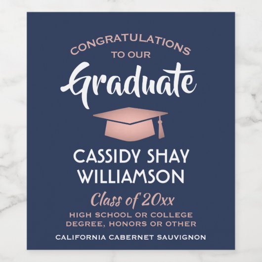 Graduation Party Congrates Navy Blue Roze Rose Gol Wijn Etiket (Enkel label)