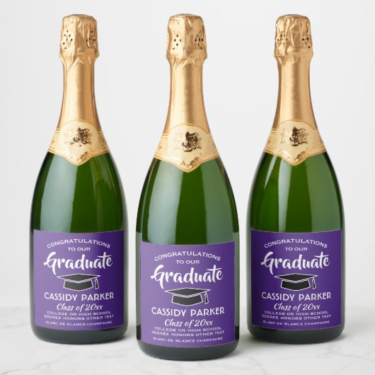 Graduation Party Congrats Elegant Paars and White Sparkling Wijnetiket (Flessen)