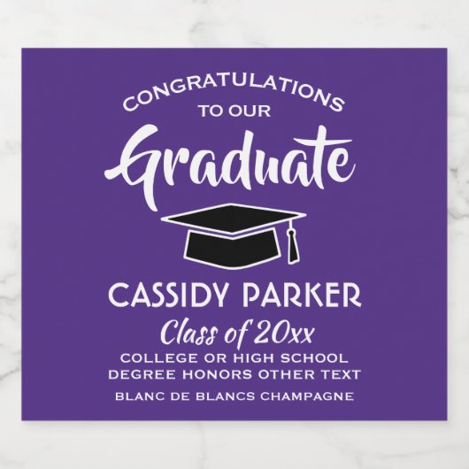 Graduation Party Congrats Elegant Paars and White Sparkling Wijnetiket (Enkel label)