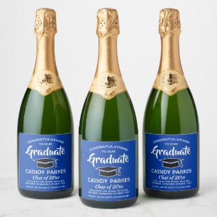 Graduation Party Congrats Elegant Royal Blue White Sparkling Wijnetiket