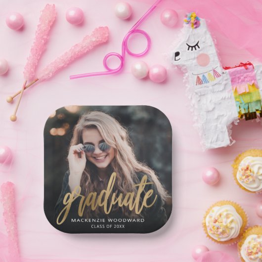 Graduation Party Custom Photo Gold Script Papieren Bordje (Feest)