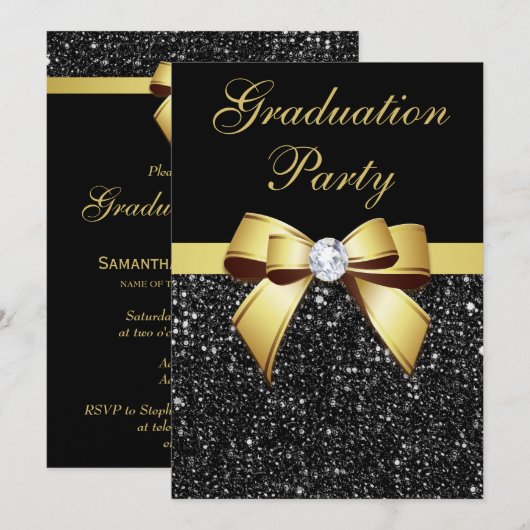 Graduation Party Faux Sequins Bow Black Gold Kaart (Voorkant / Achterkant)
