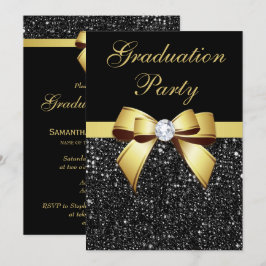 Graduation Party Faux Sequins Bow Black Gold Kaart