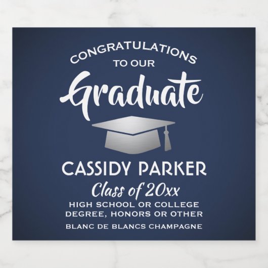 Graduation Party feliciteert marine Blue White Sil Sparkling Wijnetiket (Enkel label)