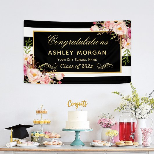Graduation Party Gold Black White Floral Decor Spandoek