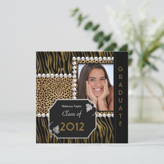Graduation Party Gold Black White Leopard Zebra Kaart (Staand voorkant)