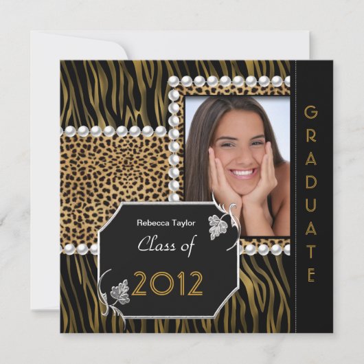 Graduation Party Gold Black White Leopard Zebra Kaart (Voorkant)
