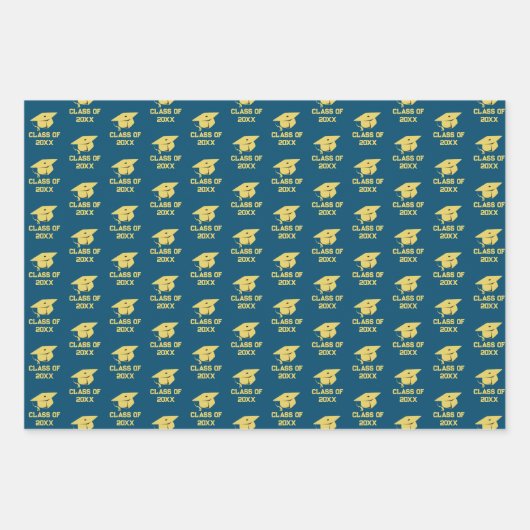 Graduation Party Gouden Petten op Blue Gift Wrap Inpakpapier Vel (Voorkant 3)