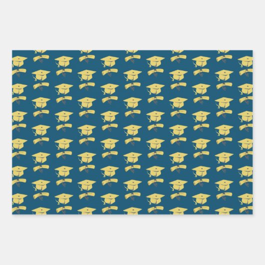 Graduation Party Gouden Petten op Blue Gift Wrap Inpakpapier Vel (Voorkant 2)