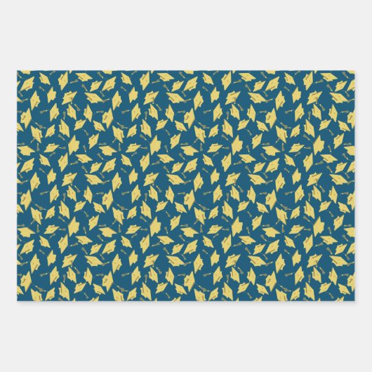 Graduation Party Gouden Petten op Blue Gift Wrap Inpakpapier Vel (Voorkant)