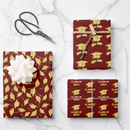 Graduation Party Gouden Petten op Maroon Gift Wrap Inpakpapier Vel