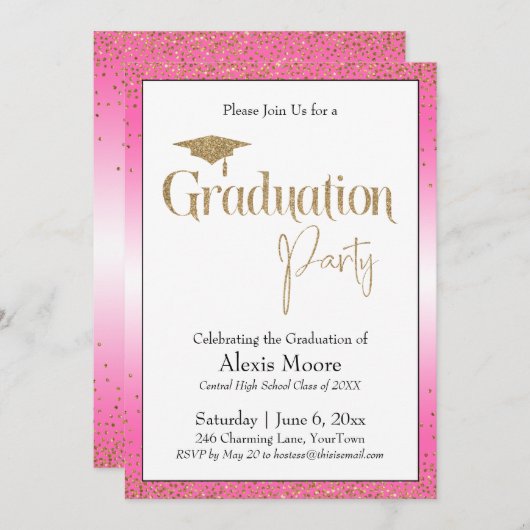 Graduation Party Helder Roze Ombre Goud Confetti Kaart (Voorkant / Achterkant)