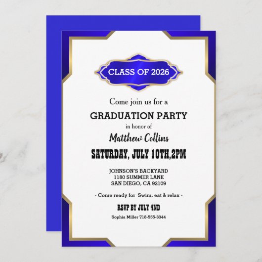 Graduation Party Invitation blue Retro Inspired  (Devant / Derrière)