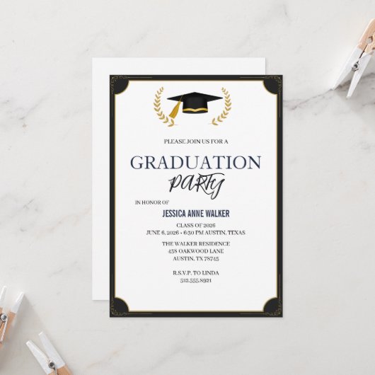 Graduation Party Invitation Elegant Blue Editable  (Devant/Arrière en situation)