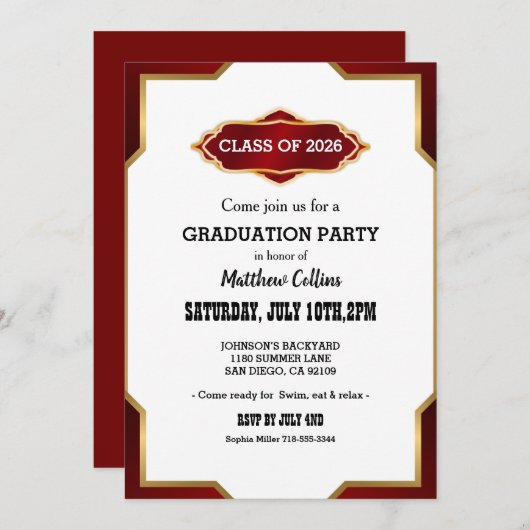 Graduation Party Invitation Red Retro Inspired (Devant / Derrière)