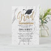 Graduation Party Modern Gold Script White Marble Kaart (Staand voorkant)