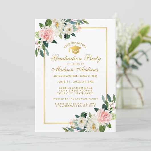 Graduation Party Pink Floral Gold Invitation (Debout devant)