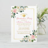 Graduation Party Pink Floral Gold Invitation GP (Debout devant)