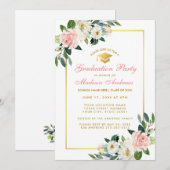 Graduation Party Pink Floral Gold Invitation GP (Devant / Derrière)