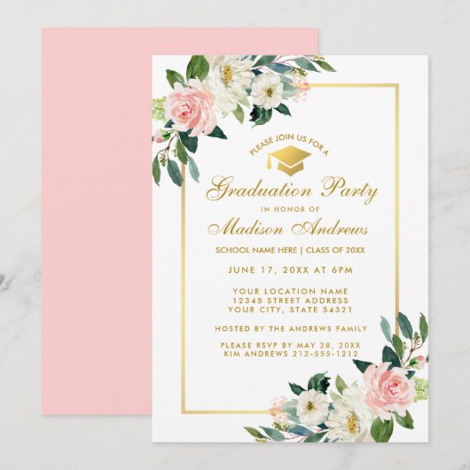 Graduation Party Pink Floral Gold Invitation P (Devant / Derrière)