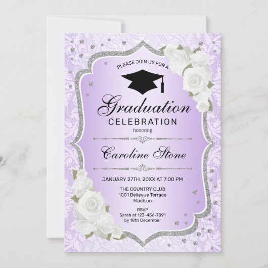 Graduation Party - Purple Silver White Invitation (Devant)