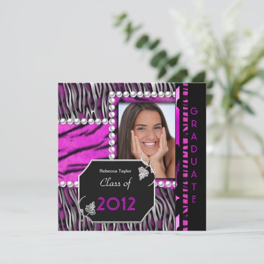 Graduation Party roze Black Silver Leopard Zebra Kaart (Staand voorkant)